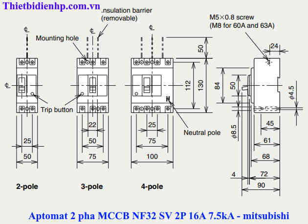 Kích thước aptomat MCCB NF32 SV 2P 16A 7.5kA mitsubishi